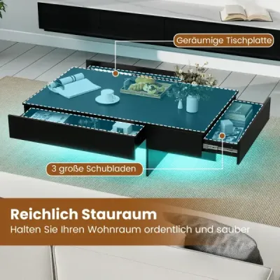 Konferenčný stolík s LED osvetlením, vysoký lesk, 3 zásuvky, diaľkové ovládanie, 120x70x35cm, biely imitácia mramoru, čierny