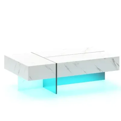 Konferenčný stolík s LED osvetlením, vysoko lesklý povrch, 3 zásuvky, diaľkové ovládanie, 120x70x35cm, obývacia izba, biela a čierna