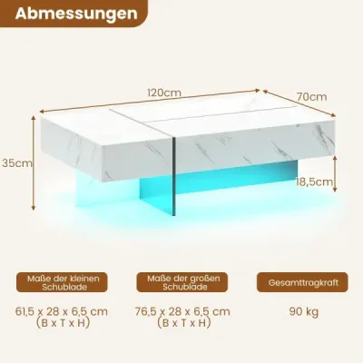 Konferenčný stolík s LED osvetlením, vysoko lesklý povrch, 3 zásuvky, diaľkové ovládanie, 120x70x35cm, obývacia izba, biela a čierna