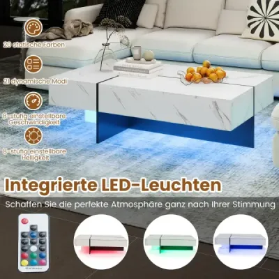 Konferenčný stolík s LED osvetlením, vysoko lesklý povrch, 3 zásuvky, diaľkové ovládanie, 120x70x35cm, obývacia izba, biela a čierna