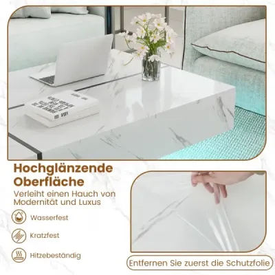 Konferenčný stolík s LED osvetlením, vysoko lesklý povrch, 3 zásuvky, diaľkové ovládanie, 120x70x35cm, obývacia izba, biela a čierna
