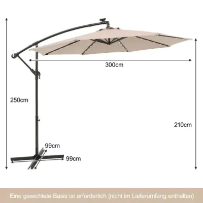 300 cm závesný slnečník, 40 lampových korálok, solárny sklopný, krížový podstavec, kľuka, do záhrady a k bazénu, béžový