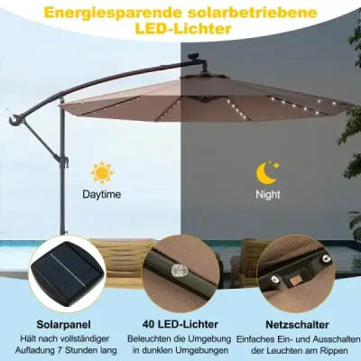 300 cm závesný slnečník, 40 lampových korálok, solárny sklopný, krížový podstavec, kľuka, do záhrady a k bazénu, svetlohnedý