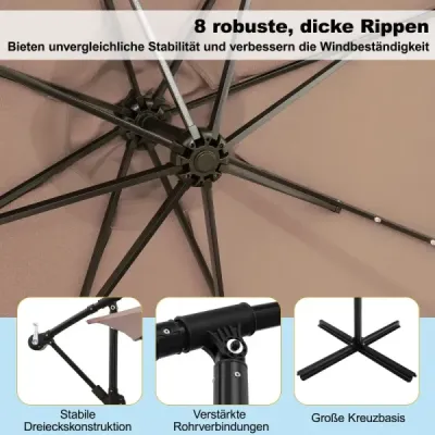 300 cm závesný slnečník, 40 lampových korálok, solárny sklopný, krížový podstavec, kľuka, do záhrady a k bazénu, svetlohnedý