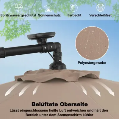 300 cm závesný slnečník, 40 lampových korálok, solárny sklopný, krížový podstavec, kľuka, do záhrady a k bazénu, svetlohnedý