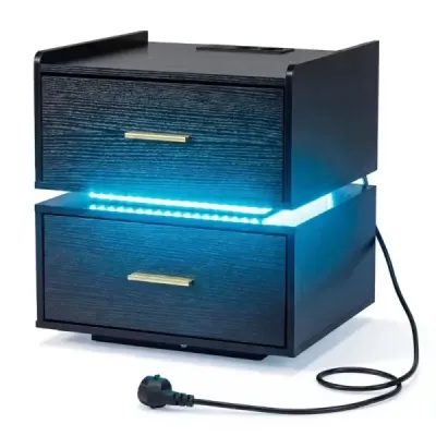 Nočný stolík s nabíjacou stanicou LED-Bettisch, 2 zásuvky, moderný, čiastočne zavesený, s kovovou podnožou, čierny