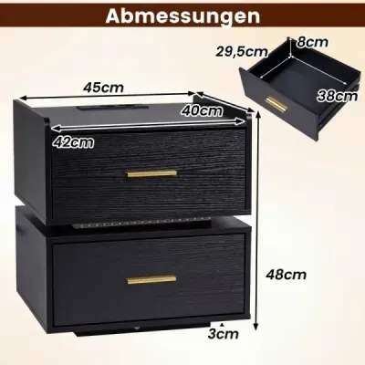 Nočný stolík s nabíjacou stanicou LED-Bettisch, 2 zásuvky, moderný, čiastočne zavesený, s kovovou podnožou, čierny