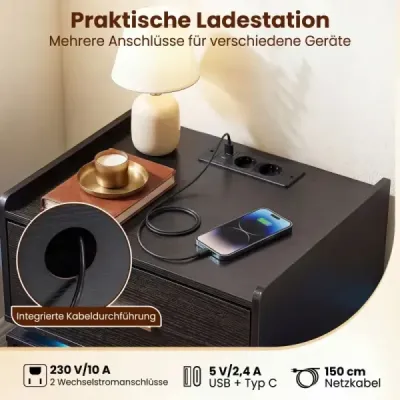 Nočný stolík s nabíjacou stanicou LED-Bettisch, 2 zásuvky, moderný, čiastočne zavesený, s kovovou podnožou, čierny