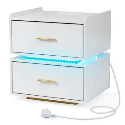 Nočný stolík s nabíjacou stanicou a LED osvetlením, 2 zásuvky, moderný, čiastočne zavesený, kovová podstava, biela