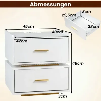 Nočný stolík s nabíjacou stanicou a LED osvetlením, 2 zásuvky, moderný, čiastočne zavesený, kovová podstava, biela