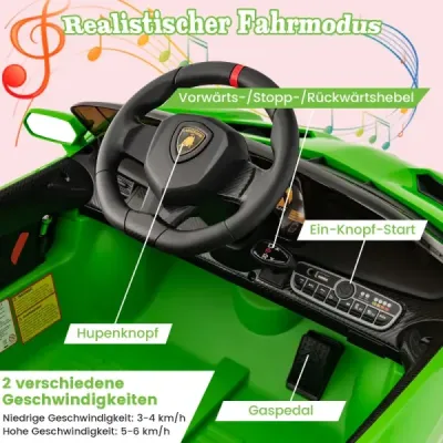 Detské elektrické auto Lamborghini s diaľkovým ovládaním, LED svetlometmi, klaksónom a hudbou - zelené
