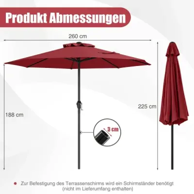 Záhradný slnečník, priemer 260 cm, kľuka, 8 rebier, vetraná strieška, na záhradu, terasu, k bazénu, bordová