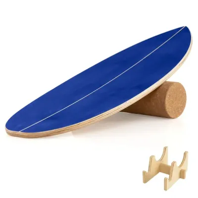 Balančná doska, drevený korkový stojan na valčeky pre svaly trupu, skateboard, hokej, snowboard, surf, tréning, modrá