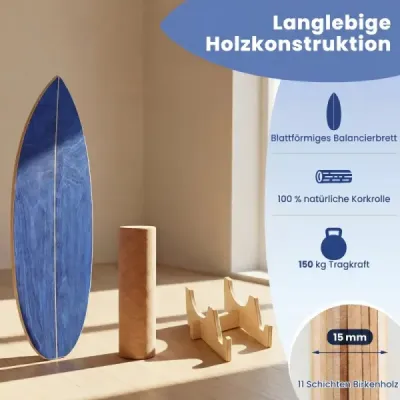 Balančná doska, drevený korkový stojan na valčeky pre svaly trupu, skateboard, hokej, snowboard, surf, tréning, modrá