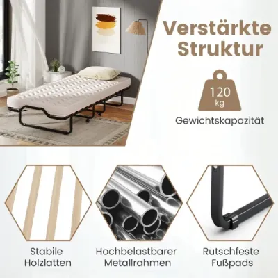 Skladacia posteľ 90x200 cm s matracom z pamäťovej peny s kolieskami, priestorovo úsporná, pre hostí, talianska, čierna