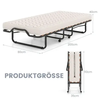 Skladacia posteľ 80x200 cm s pamäťovým matracom a kolieskami pre hostí, taliansky štýl, čierna