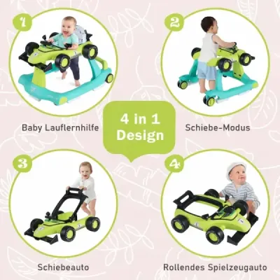 Detské chodítko 4 v 1, skladacie s nastaviteľnou výškou, nosnosť 15 kg, zelené
