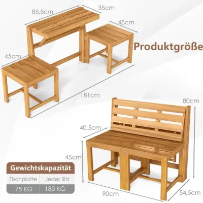 Záhradný nábytok 3 v 1, akáciové drevo, prestaviteľný na záhradu, veranda, prírodná farba