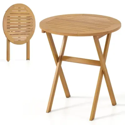 Skladací záhradný stôl z akáciového dreva, Ø67 cm, nosnosť do 80 kg, na balkón, terasu, do záhrady, prírodná povrchová úprava