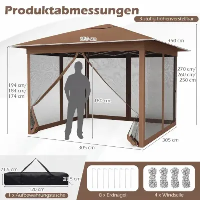Pavilón 3,5x3,5m, výškovo nastaviteľný jedným stlačením, s moskytiérou, dvojitá strešná taška na záhradné kempovanie, hnedá