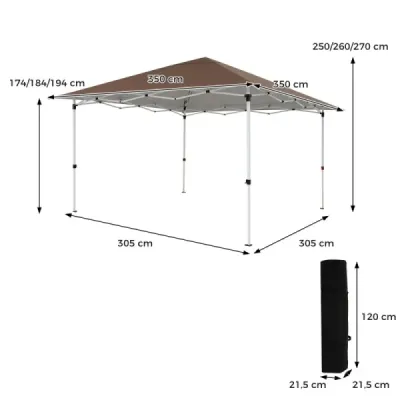 Záhradný pavilón 3,5x3,5 m, výškovo nastaviteľný, výsuvný, s lanami, kolíkmi a taškou do záhrady a terasy, hnedý