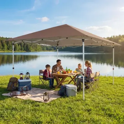 Záhradný pavilón 3,5x3,5 m, výškovo nastaviteľný, výsuvný, s lanami, kolíkmi a taškou do záhrady a terasy, hnedý
