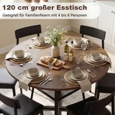 Okrúhly kuchynský stôl Ø120 cm pre 4 osoby, jedálenský stôl s otvorenou policou, hnedý
