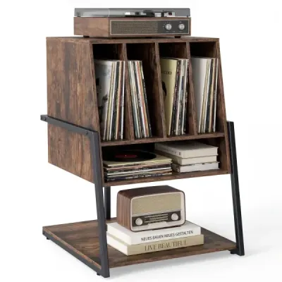 Stojan na gramofóny so širokou doskou a 4 prepážkami, stolík na vinylové platne, hnedý
