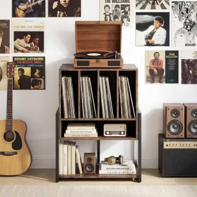 Stojan na gramofóny so širokou doskou a 4 prepážkami, stolík na vinylové platne, hnedý