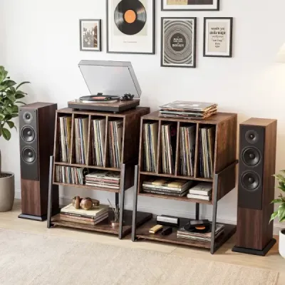Stojan na gramofóny so širokou doskou a 4 prepážkami, stolík na vinylové platne, hnedý