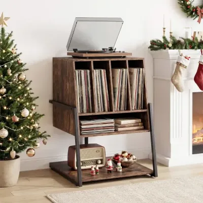 Stojan na gramofóny so širokou doskou a 4 prepážkami, stolík na vinylové platne, hnedý