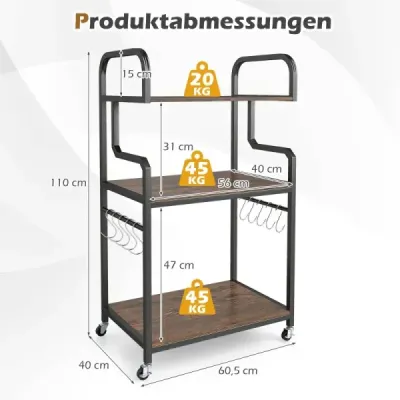 3-úrovňový stojan na tlačiareň s kolieskami, úložný priestor do pracovne/kancelárie, rustikálna hnedá + čierna