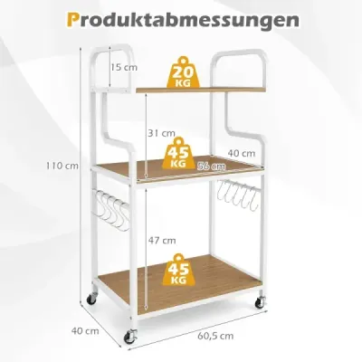 3-úrovňový stojan na tlačiareň s kolieskami, úložný priestor do štúdia/kancelárie, prírodná + biela