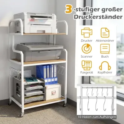 3-úrovňový stojan na tlačiareň s kolieskami, úložný priestor do štúdia/kancelárie, prírodná + biela