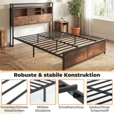 Rám manželskej postele s LED osvetlením a nabíjacou stanicou, priemyselná plošinová posteľ s úložným priestorom, 200 x 140 cm