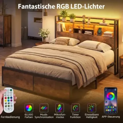 Rám manželskej postele s LED osvetlením a nabíjacou stanicou, priemyselná plošinová posteľ s úložným priestorom, 200 x 140 cm