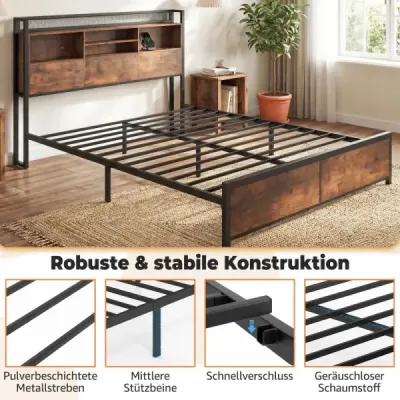 Rám postele veľkosti King s LED osvetlením a nabíjacou stanicou s úložným priestorom 200 x 160 cm Rustikálna hnedá