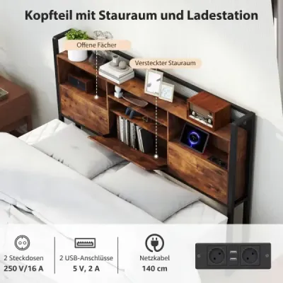 Rám postele veľkosti King s LED osvetlením a nabíjacou stanicou s úložným priestorom 200 x 160 cm Rustikálna hnedá
