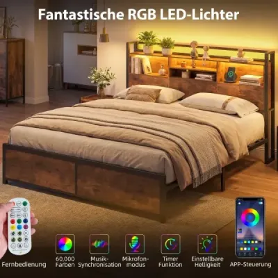 Rám postele veľkosti King s LED osvetlením a nabíjacou stanicou s úložným priestorom 200 x 160 cm Rustikálna hnedá
