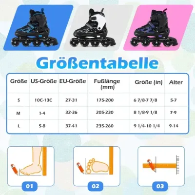 Detské kolieskové korčule, 4 nastaviteľné veľkosti, inline korčule so svietiacimi kolieskami, veľkosť L (EU 37-41)