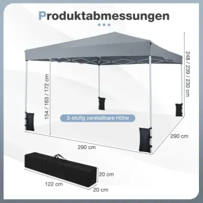 Výklopný pavilón 290 x 290 cm, výškovo nastaviteľný, skladací s príslušenstvom na kempovanie a pláž, sivý