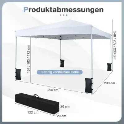 Výklopný pavilón 290 x 290 cm, výškovo nastaviteľný, skladací s príslušenstvom na kempovanie a pláž, biely