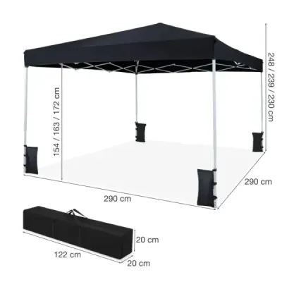 Výklopný pavilón 290 x 290 cm, výškovo nastaviteľný s príslušenstvom na kempovanie na pláži, čierny