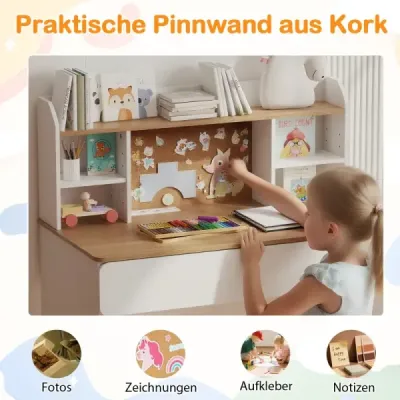 Detský písací stôl robustný drevený stôl s korkovou doskou na kolíky nabíjacia stanica priestranný stôl biely