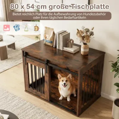 80 cm odolná klietka pre psa v štýle stodoly s posuvnými dverami, nábytok do klietky pre psa, bočný stolík, hnedá