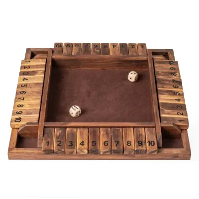 Hra Shut The Box pre 2-4 hráčov, hra s kockami s 2 kockami a pevným borovicovým drevom, hra s klapkami, hnedá