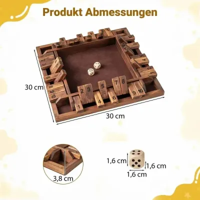 Hra Shut The Box pre 2-4 hráčov, hra s kockami s 2 kockami a pevným borovicovým drevom, hra s klapkami, hnedá