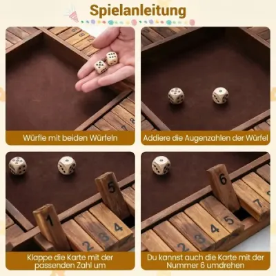 Hra Shut The Box pre 2-4 hráčov, hra s kockami s 2 kockami a pevným borovicovým drevom, hra s klapkami, hnedá