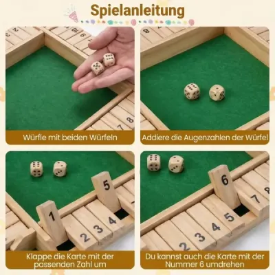 Hra Shut The Box pre 2-4 hráčov, kocková hra s 2 kockami a robustnou klapkou z borovicového dreva, prírodná
