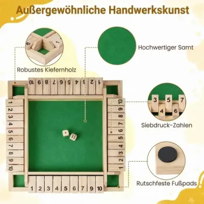 Hra Shut The Box pre 2-4 hráčov, kocková hra s 2 kockami a robustnou klapkou z borovicového dreva, prírodná